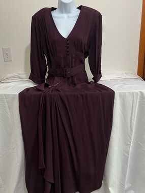 Karen Alexander Vintage-Inspired Deep Plum Belted V-Neck Women’s Dress NWOT